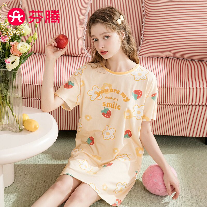 芬腾夏季新款100%棉睡裙女舒适透气可外穿女士夏天元气少女家居服