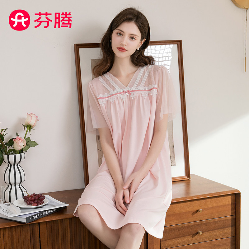 芬腾宫廷风V领蕾丝短袖睡裙女夏季薄款新疆棉优雅家居服甜美中裙