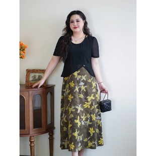 显瘦遮肚微胖mm减龄复古假两件碎花连衣裙 声雨竹大码 女装 夏季 新款