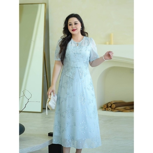 微胖mm收腰显瘦减龄假两件刺绣 声雨竹夏慕娜大码 女装 2025夏季 新款