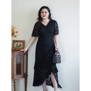 微胖mm遮肚显瘦减龄不规则气质蕾丝裙 声雨竹大码 女装 2025夏季 新款