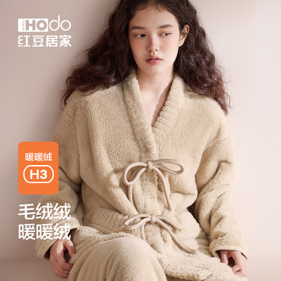 红豆暖暖绒珊瑚绒睡衣女抗静电加厚甜美法兰绒外穿家居服套装冬款