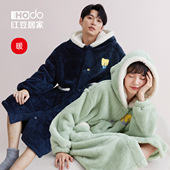 连帽睡衣女长款 红豆珊瑚绒情侣睡袍冬季 保暖加厚家居服 暖暖绒