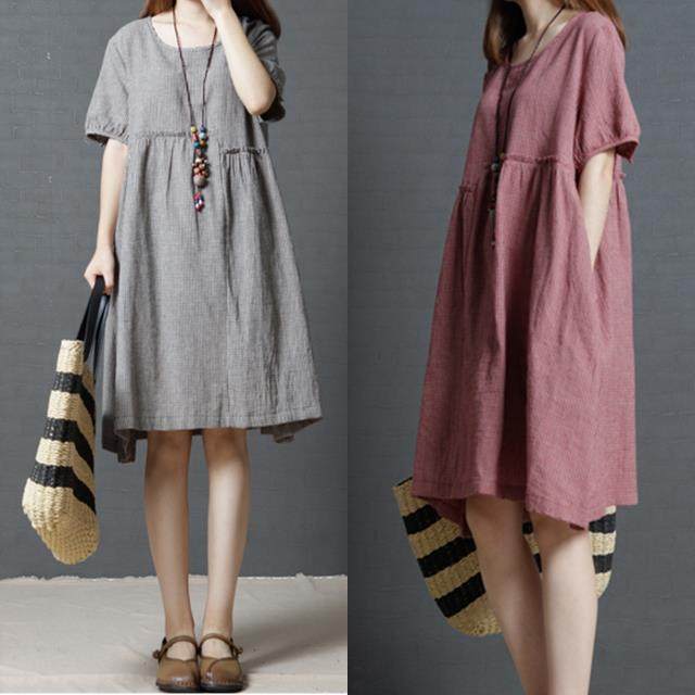 2018夏季文艺复古女装大码宽松显瘦亚麻格子中长款短袖棉麻连衣裙|msdalam kategori Butik wanita / wanita, wanita saiz besar - dari Buy2taobao.com untuk memberikan perkhidmatan ejen Taobao profesional membeli