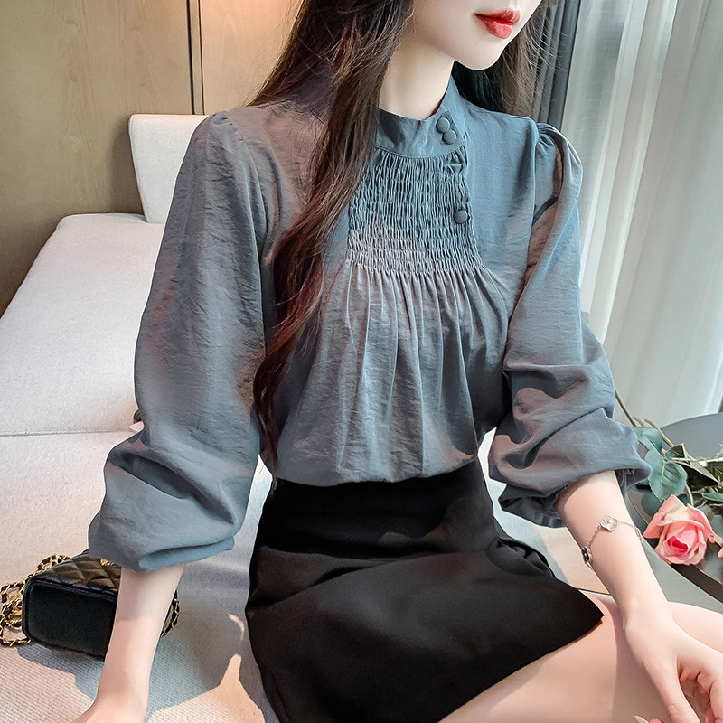 雪纺衬衫女春秋2025新款复古港味立领衬衣设计感小众别致印花上衣