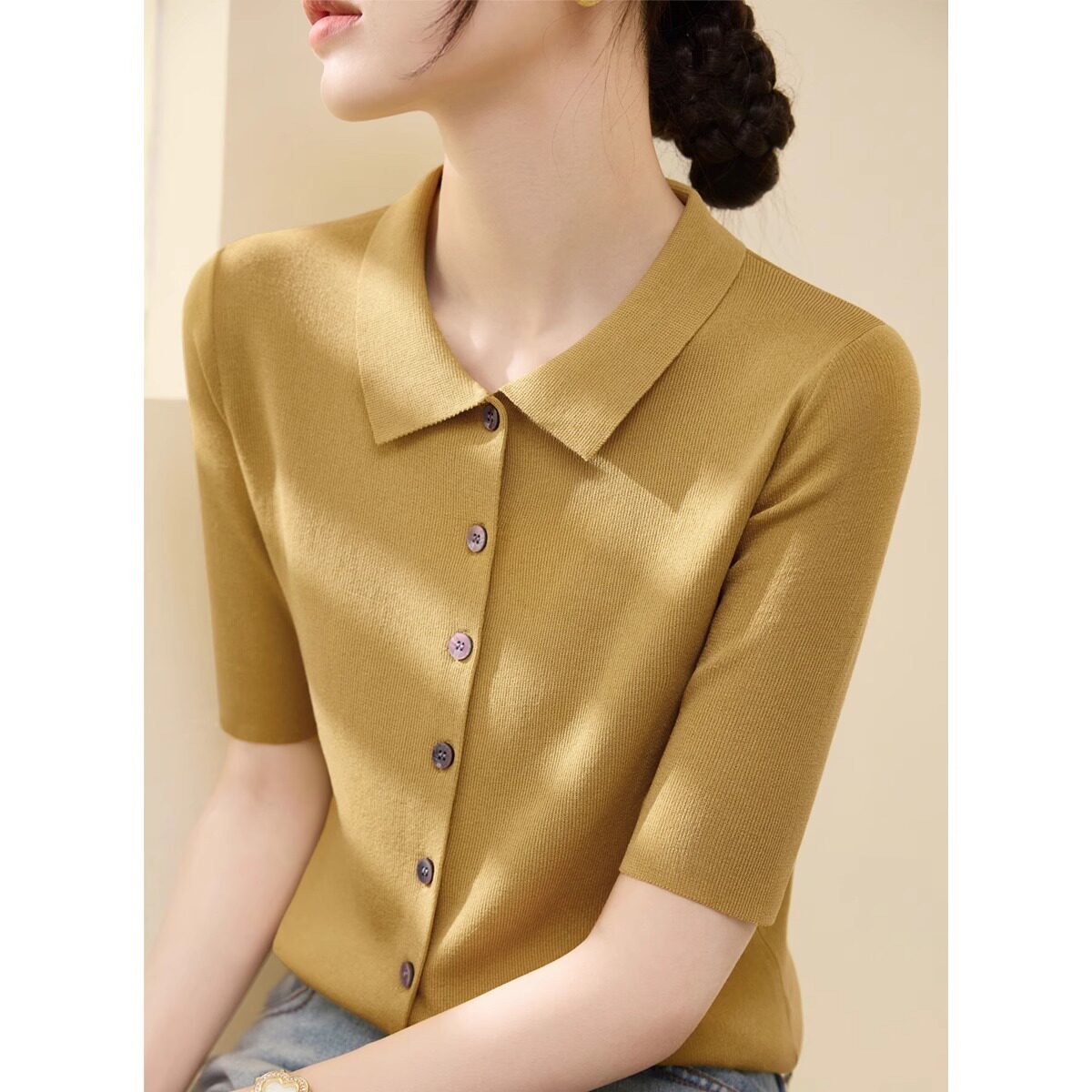 polo领冰丝纽扣针织开衫女夏季2025新款宽松修身正肩短袖t恤上衣