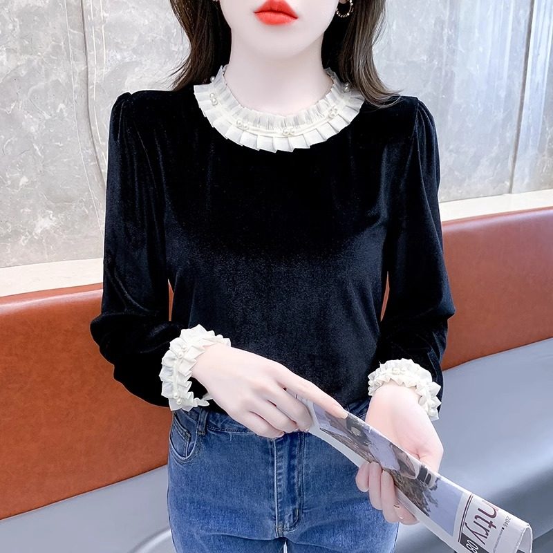 花边领长袖丝绒衬衫女春秋2026年新款甜美时尚气质套头打底衫上衣