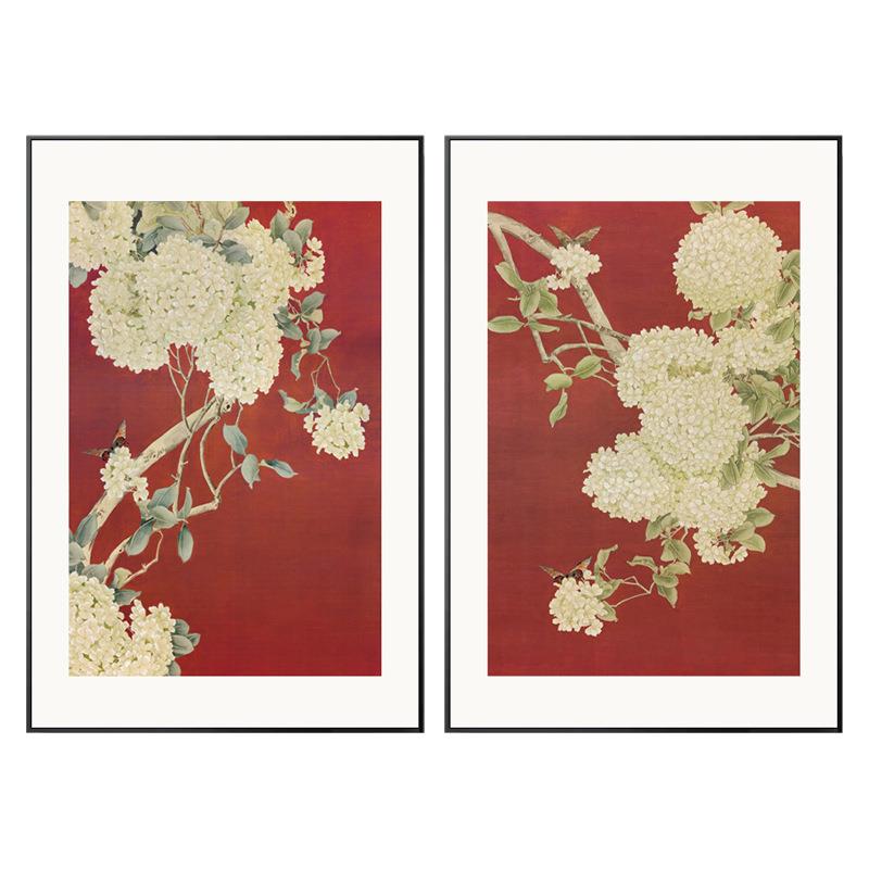 新中式客厅装饰画中国风花鸟绣球花红色玄关餐厅画沙发背景墙壁画