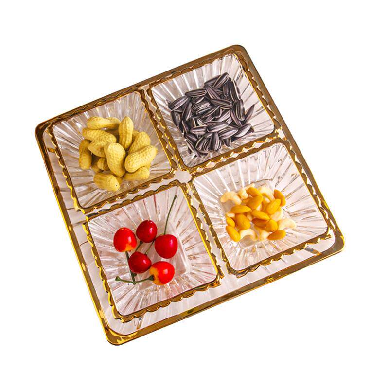 轻奢分格果盘金线玻璃水果盘拼盘客厅小吃盘家用零食糖果干果盘