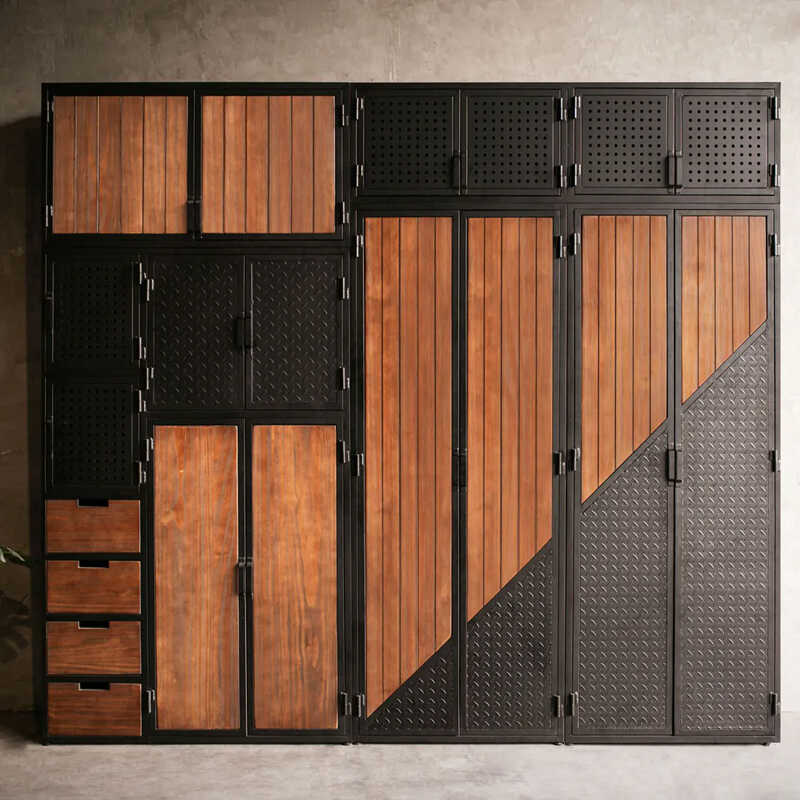 铁艺金属储物柜loft工业风衣橱柜实木衣帽鞋柜收纳落地柜立柜组合