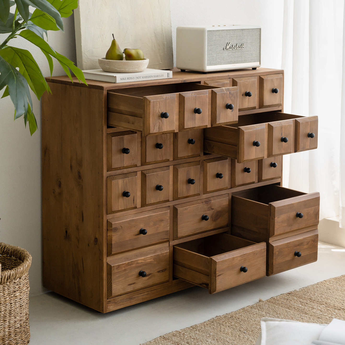 润家家居实木斗柜原木风中药柜民宿带轮子收纳柜家用客厅储物柜