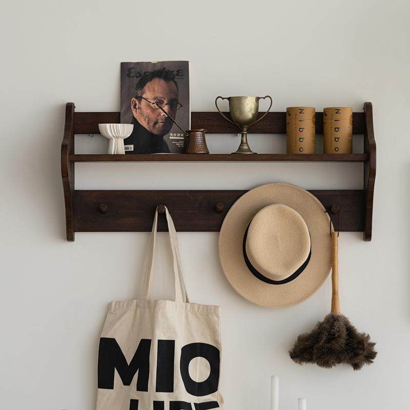 润家家居中古风实木玄关衣帽架卧室挂衣架墙壁壁挂架收纳置物架