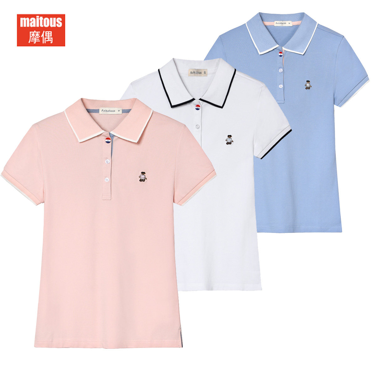 小熊短袖翻领t恤2020新款夏纯棉保罗polo衫女宽松有领运动上衣潮