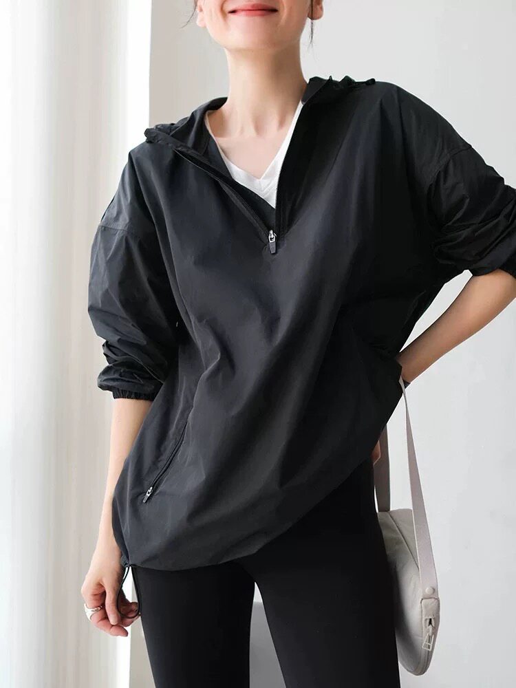 美式套头半开襟冲锋衣户外运动宽松连帽廓形登山服上衣早春外套女