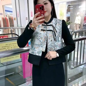 雅典娜新中式国风连衣裙套装25年春季立领印花马甲+连衣裙Y24A019