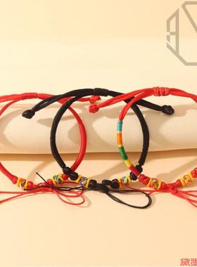 彩线半成品手绳配饰可串珠成人抽拉编织品菠萝扣民族风红绳