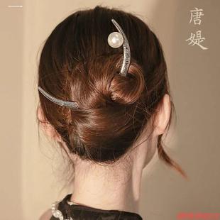 头饰现代中国风丸子头金银色簪子发簪玄月步摇夏季一轮品夏天