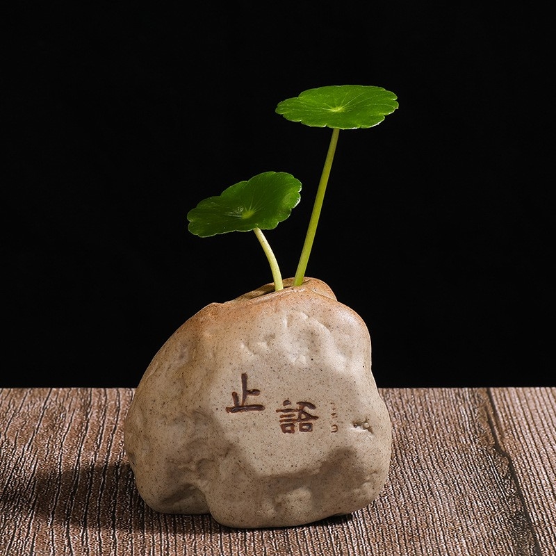 迷你石头茶宠器皿玄关水培花器摆设花盆茶道陶瓷花瓶创意装饰