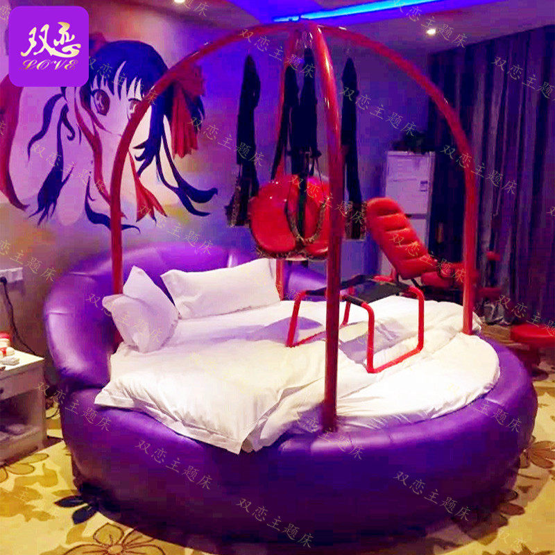 桑拿会所情趣电动床主题酒店铁艺架子红床情侣宾馆水床垫震动圆床