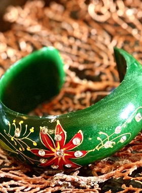 国内现货泰国小手寸易碎原木彩绘嵌闪钻花卉开口鐲不包邮贝叶工坊