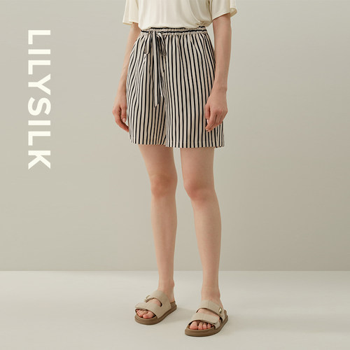 条纹短裤莉莉秀客夏新女士双绉五分裤舒适百搭系带装饰LILYSILK