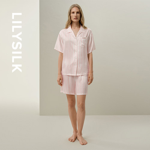 短款条纹印花桑蚕丝家居服莉莉秀客女士宽松居家睡衣套装LILYSILK