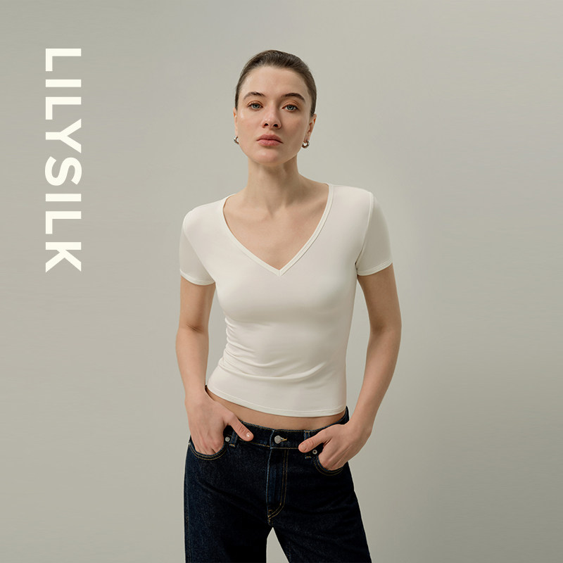 修身V领T恤莉莉秀客新款短袖上衣可通勤舒适百搭真丝混纺LILYSILK