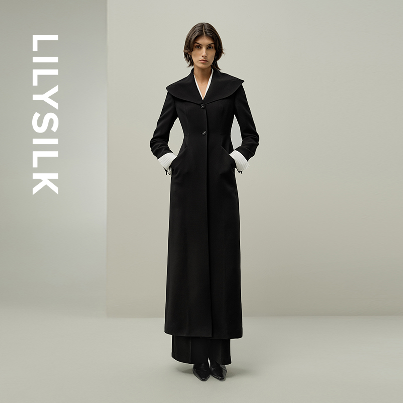 莉莉秀客LILYSILK25冬丝毛混纺修身百合花瓣领设计长款大衣外套