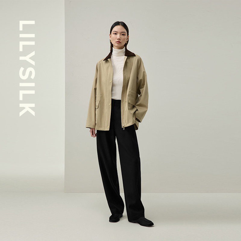复古工装风衣女莉莉秀客秋冬翻领抽绳收腰休闲夹克外套LILYSILK