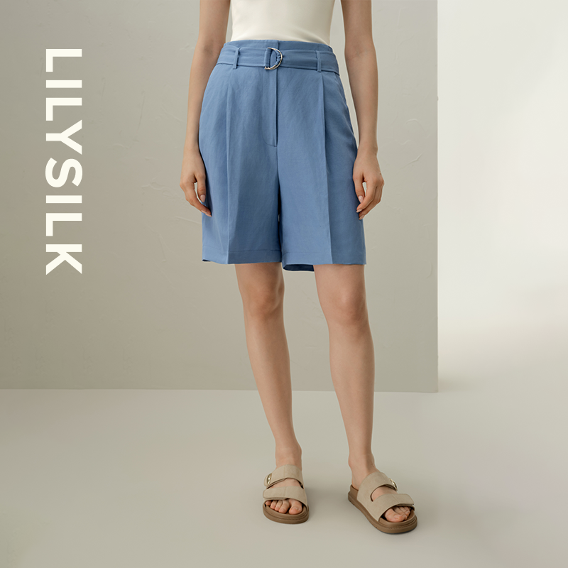 桑蚕丝亚麻混纺短裤莉莉秀客舒适裤子女士高腰裤可系腰带LILYSILK