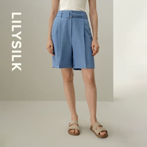 桑蚕丝亚麻混纺短裤莉莉秀客舒适裤子女士高腰裤可系腰带LILYSILK