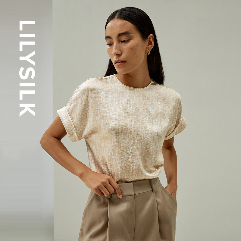 莉莉秀客LILYSILK夏基础简约珍珠缎真丝肌理感印花短T恤上衣