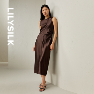 LILYSILK莉莉秀客秋冬新款腰侧镂空斜裁真丝连衣裙气质款长裙