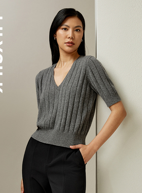 LILYSILK莉莉秀客女士时尚简约V领短袖套衫羊绒针织上衣通勤