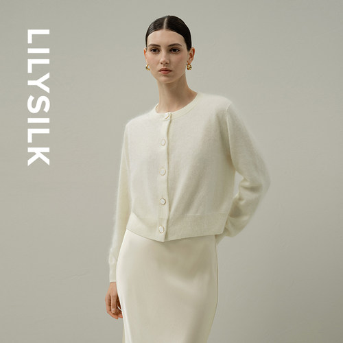 简约圆领金属边纽扣羊绒开衫毛衣