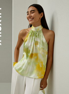 莉莉秀客LILYSILK桑蚕丝晕染感印花挂脖无袖系带上衣度假风女