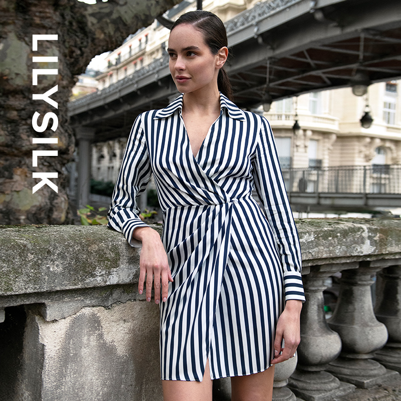 莉莉秀客LILYSILK真丝连衣裙女细条纹长袖翻领通勤外穿百搭衬衫裙