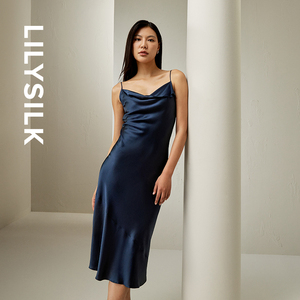 LILYSILK莉莉秀客新款优雅荡领吊带连衣裙真丝吊带裙优雅女
