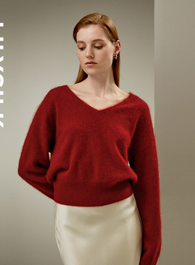 LILYSILK莉莉秀客秋冬新品收腰款V领套头羊绒衫宽松新年毛衣