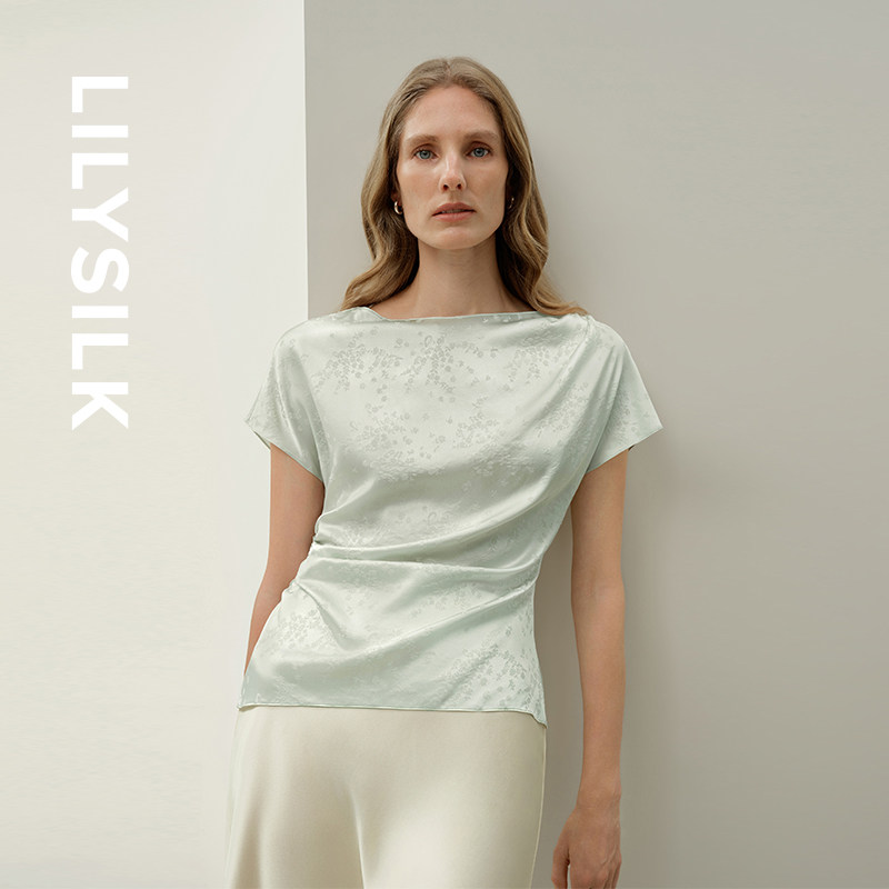 新中式T恤莉莉秀客春夏提花缎真丝上衣套头船领女国风服LILYSILK