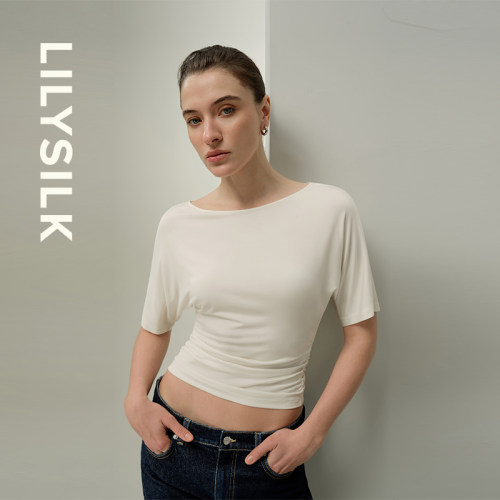 船领蝙蝠袖修身T恤莉莉秀客短袖上衣女舒适百搭真丝混纺LILYSILK