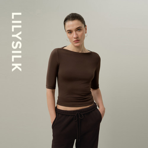 【可机洗】莉莉秀客圆领上衣LILYSILK真丝混纺修身显瘦中袖上衣