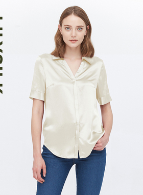 【可机洗】莉莉秀客LILYSILK桑蚕丝衬衫领简约短袖真丝衬衫通勤女