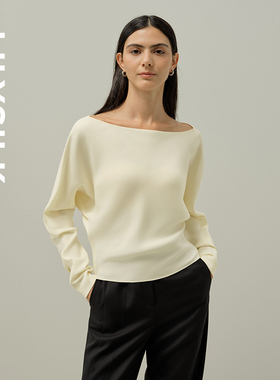 莉莉秀客LILYSILK女士重磅真丝船领设计纯色简约通勤长袖收腰上衣