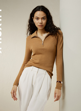 LILYSILK莉莉秀客修身翻领羊毛衫100%羊毛V领女士毛衣慵懒针织衫