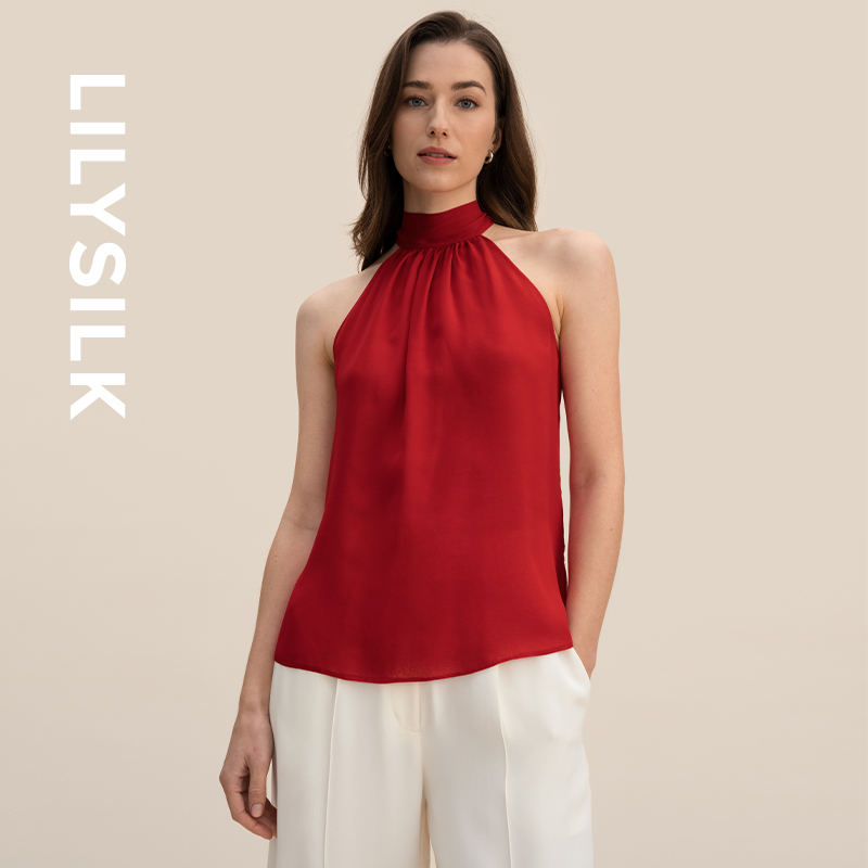 莉莉秀客LILYSILK真丝上衣女挂脖无袖宽松舒适系带100%桑蚕丝t恤