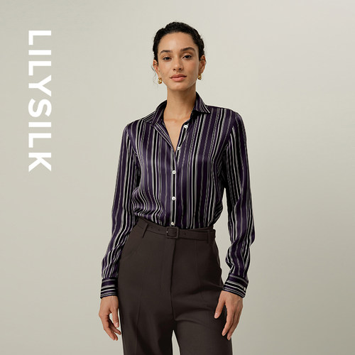 真丝衬衫莉莉秀客桑蚕丝长袖复古条纹女士上衣舒适通勤款LILYSILK