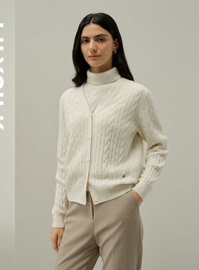 小山羊绒绞花长袖开衫莉莉秀客LILYSILK秋冬女士气质上衣羊绒衫