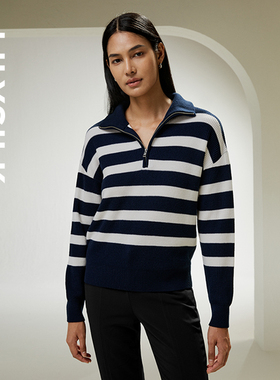 LILYSILK莉莉秀客经典撞色条纹拉链小翻领100%绵羊毛毛衣针织衫