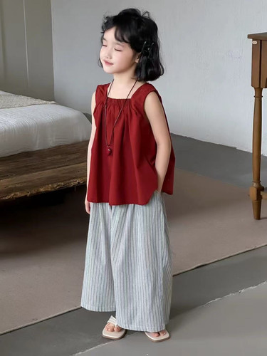 2025新款女童夏季套装衬衫裤子两件套装纯色飞袖娃娃衫九分裤套装